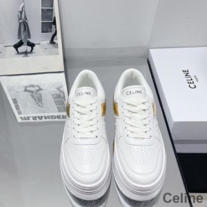 Celine Block Sneakers Women Calfskin with Wedge Outsole White/Gold