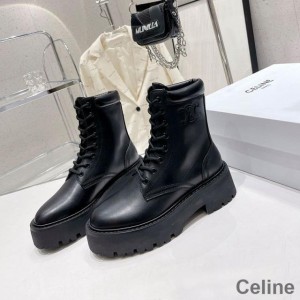 Celine Bulky Lace-up Boots Women Calfskin with Triomphe Black
