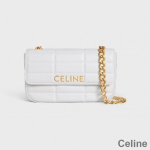 Celine Chain Shoulder Bag in Quilted Calfskin with Celine Letters White