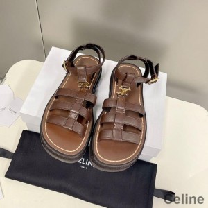 Celine Clea Triomphe Gladiator Chunky Sandals Women Calfskin with Ankle Strap Coffee