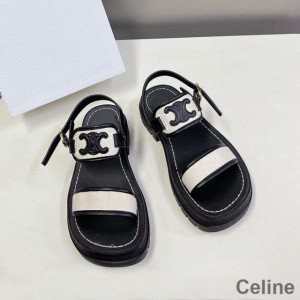 Celine Clea Triomphe Platform Sandals Women Calfskin and Canvas Black/White