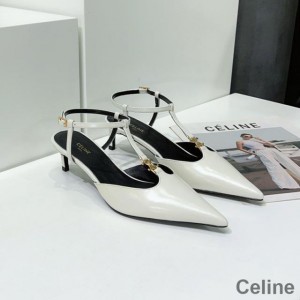 Celine Kitten Slingback Pumps Women Calfskin with Triomphe T-bar Strap White