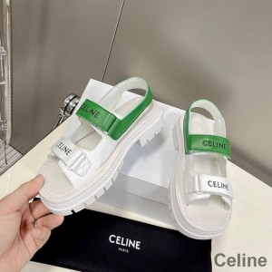 Celine Leo Scratch Platform Sandals Women Calfskin with Velcro White/Green