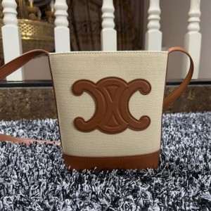 Celine Mini Bucket Bag in Textile with Cuir Triomphe White/Brown