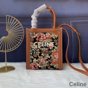 Celine Mini Vertical Cabas Bag in Floral Jacquard Black/Brown