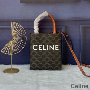 Celine Mini Vertical Cabas Bag in Triomphe Canvas with Celine Print Black