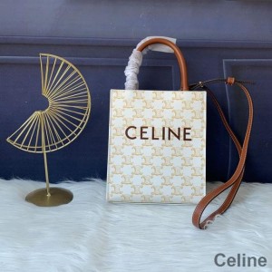 Celine Mini Vertical Cabas Bag in Triomphe Canvas with Celine Print White