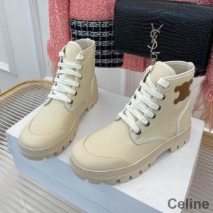 Celine Patapans Lace Up Boots Women Canvas with Triomphe Patch Beige