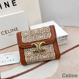 Celine Small Tri-Fold Wallet Triomphe in Celine Print Textile Apricot/Brown