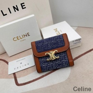 Celine Small Tri-Fold Wallet Triomphe in Celine Print Textile Navy Blue/Brown