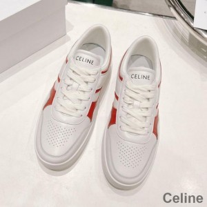 Celine Trainer Low Lace-Up Sneakers Unisex Calfskin and Laminated Calfskin White/Red