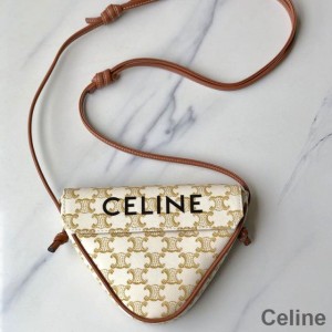 Celine Triangle Bag in Triomphe Canvas with Celine Print White