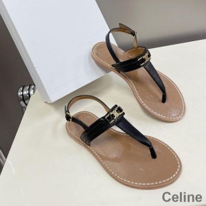 Celine Triomphe Thong Sandals Women Calfskin with Ankle Strap Black