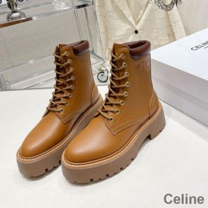 Celine Bulky Lace-up Boots Women Calfskin with Triomphe Brown