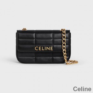 Celine Chain Shoulder Bag in Quilted Calfskin with Celine Letters Black