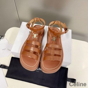 Celine Clea Triomphe Gladiator Chunky Sandals Women Calfskin with Ankle Strap Brown