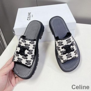 Celine Clea Triomphe Platform Slides Women Triomphe Stamped Canvas and Calfskin Black/White