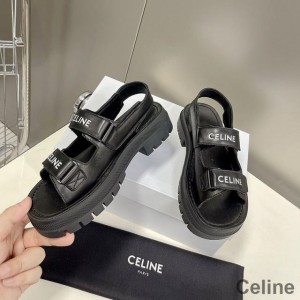 Celine Leo Scratch Platform Sandals Women Calfskin with Velcro Black