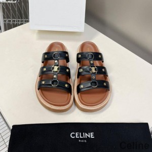Celine Tippi Platform Slides Women Calfskin with Triomphe Signature Black