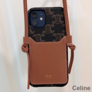 Celine Triomphe iPhone Case in Canvas Silicon with Card Holder and Strap Black