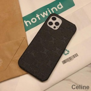 Celine Triomphe iPhone Case in Leather with Signature Print Black