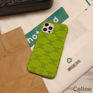 Celine Triomphe iPhone Case in Leather with Signature Print Olive