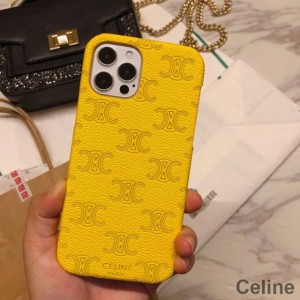 Celine Triomphe iPhone Case in Leather with Signature Print Yellow