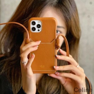Celine iPhone Case in Leather with Card Holder and Strap Brown